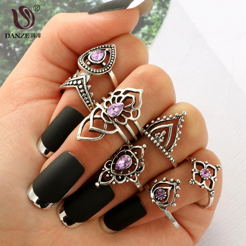 DANZE Fashion Hollow Flower Midi Ring Sets 2018 Vintage Crystal Opal Knuckle Rings for Women Anillos Mujer Jewellery 7 Pcs/lot | Украшения