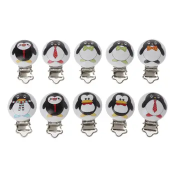 

5Pcs Metal Wooden Baby Pacifier Clips Holders Cute Penguin Infant Soother Clasps Holders Accessories DIY Tool
