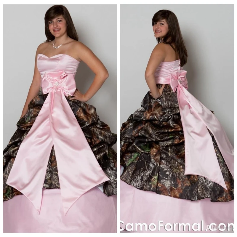 

Custom 2019 Plus Size Pink Satin Camo Wedding Dress Ball Gowns With Bowknot Adorned Bridal Gowns Custom Vestidos De Mariee