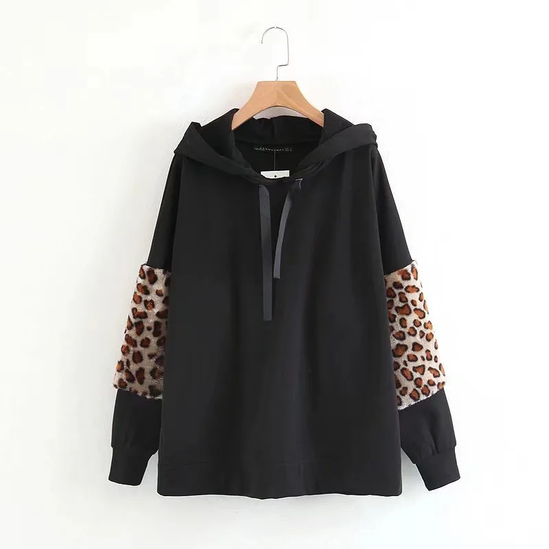 

Europe Style Leopard Patchwork Drawstring Black Hoodies Women New Arrival Casual Loose Pullover Sweatshirt sudadera mujer