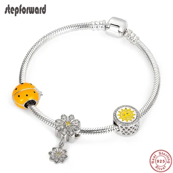 

STEP FORWARD Real 925 Sterling Silver CZ paved Daisy Pendant Ladybird Charm Bracelet & Bangle For Woman Fashion Jewelry WLB005