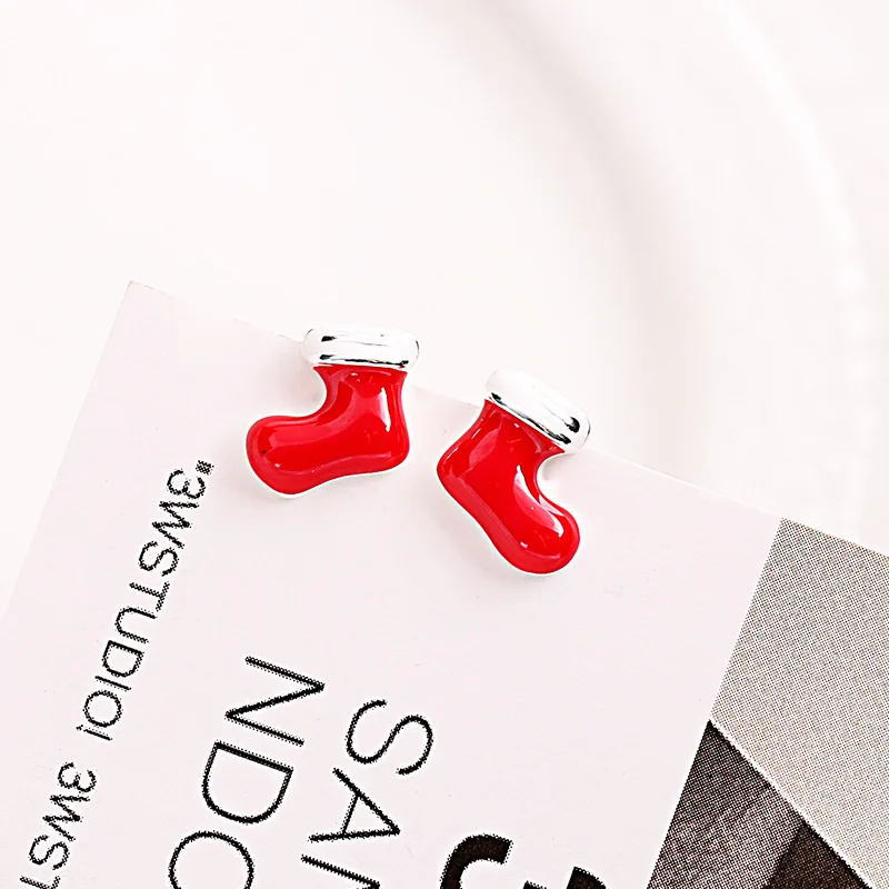 Christmas socks red boots drop glaze earring 100% 925 Sterling silver Jewelry fashion Hypoallergenic Stud earrings for girl gift