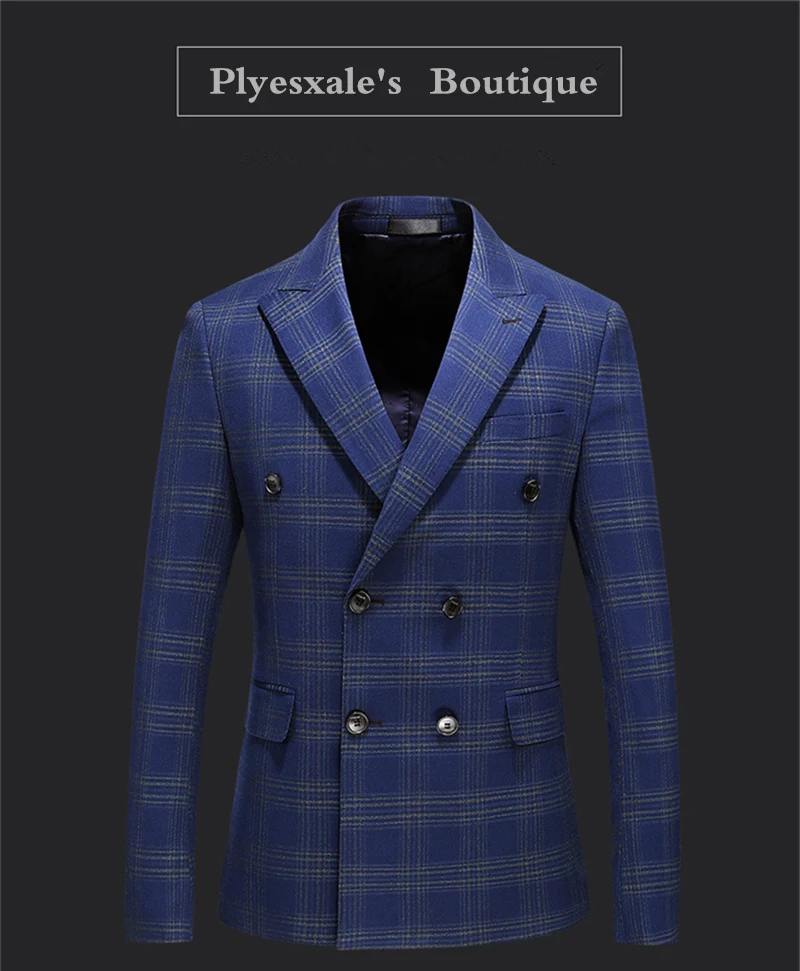 Мужской блейзер с двойным слоем, весна-осень, приталенный мужской клетчатый пиджак в полоску, Мужской умный Повседневный Блейзер, темно-синий Q212