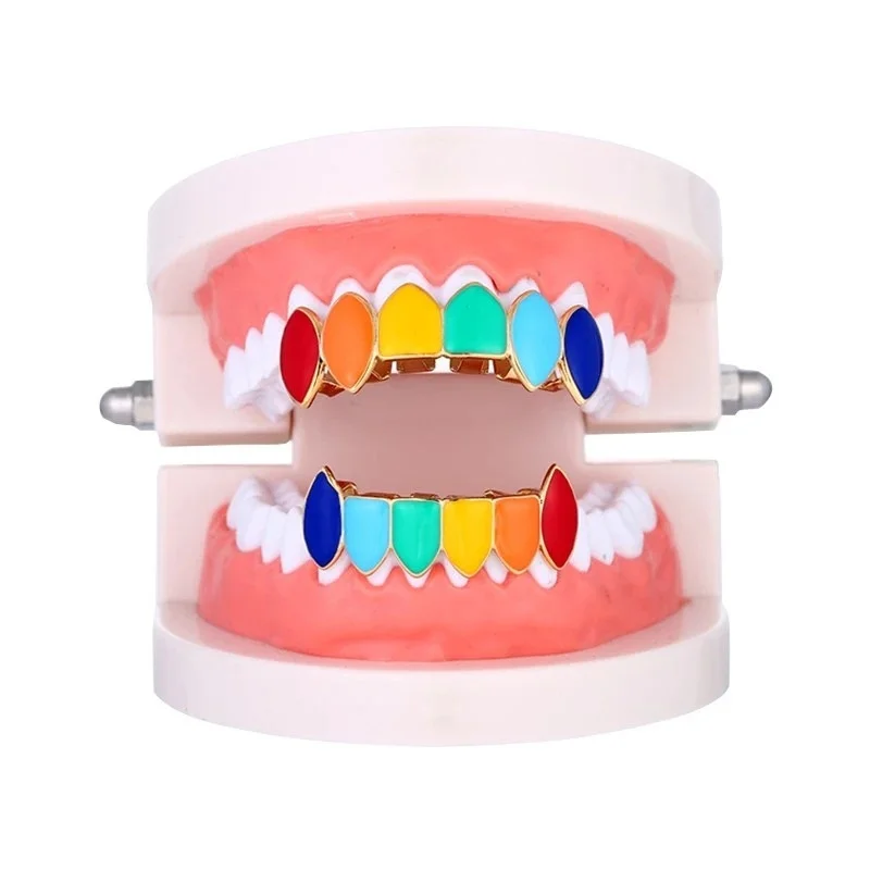 

Rainbow Teeth 7 Colors Hip Hop Teeth Top & Bottom Tooth Grill Set High Quality Copper Tooth Cap Jewelry Hip Hop Teeth
