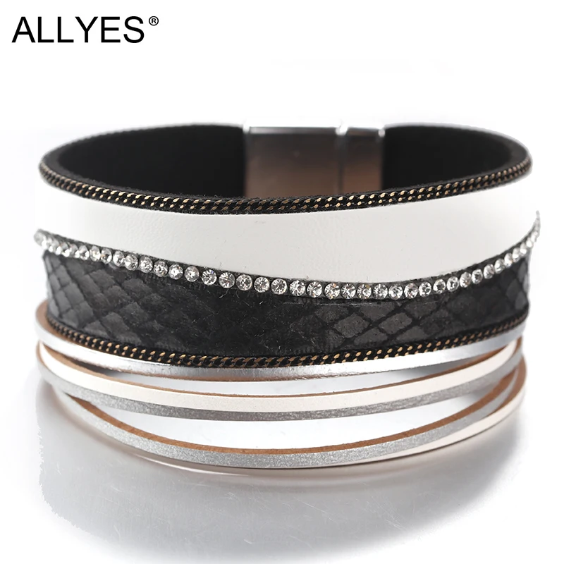 

ALLYES Leather Bracelets for Women Jewelry Magnet Rhombus Pattern Rhinestone Wrap Multilayer Bracelets & Bangles Female
