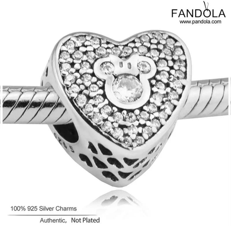 

100% 925 Sterling Silver Mickey & Minnie Sparkling Heart Clear CZ Beads Charms Argent DIY Jewelry Making Fits Original Bracelet