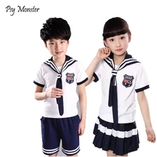 Спортивный костюм для девочек, комплект из 3 предметов для мальчиков: футболка+ галстук+ юбка, Детская школьная форма в полоску в консервативном стиле для девочек, одежда морского флота для мальчиков, A51