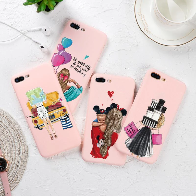 

Fashion Black Brown Hair Baby Mom Girl Cases For iPhone 11 Pro X XR XS Max Pink Matte Cover For iPhone 7 8 6 6S Plus 5 5S Fundas