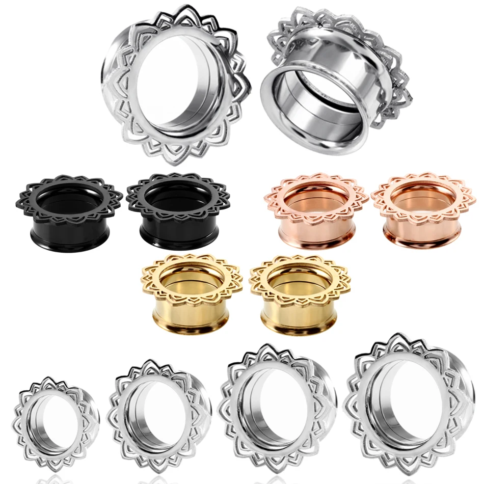 Пара стальных цветов лотоса винт подходит для уха плоти тоннеля пробки пирсинг полый уха тоннеля калибровочные расширители конус пирсинг ювелирные изделия