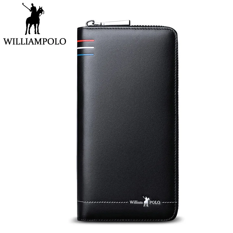 

WILLIAMPOLO Luxury Wallet Men Genuine Leather Long Wallet Zipper Phone Purse Black Gift Packing For Man
