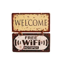 Retro Pendurado Sinal Bem-vindo & Livre Hotspot Wifi Sinal Do Metal Estilo de Rua Gasto Do Vintage Chapa Da Parede Wi-fi