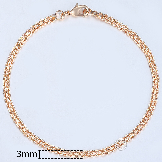 For Women 2mm Marina Stick Bead 585 Rose Gold Chain & Link Bracelet Elegant Simple Jewelry Gift 20cm