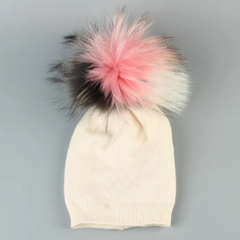Geebro детская зимняя кашемировая шапочка с натуральным помпоном Модные трикотажные хлопковые мешковатые шапки-Боб с 3 тон Цвета помпоном - Цвет: Beige 3C-4