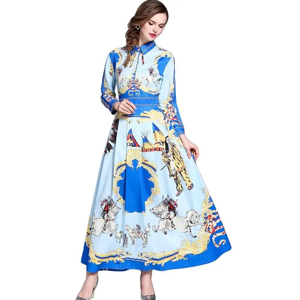

Spring Summer Women Horses Floral Maxi Dresses Long Sleeve Runway Dress Shirt Casual Vestido Mujer Verano 2018 Robe Ete Femme