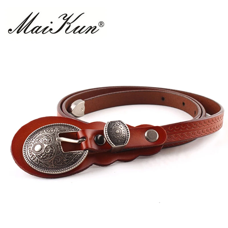 MaiKun Thin Belts for Women belt Lady's Vintage Original Leather Designer Belt Metal Buckle Female Belt