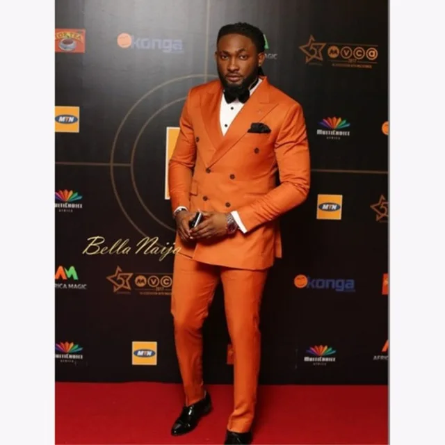 

Orange Slim Fit Mens Tuxedos Suits Business Skinny Elegant Double Breasted Custom Made Groomsmen Suit 2Pieces Costume Homme Suit