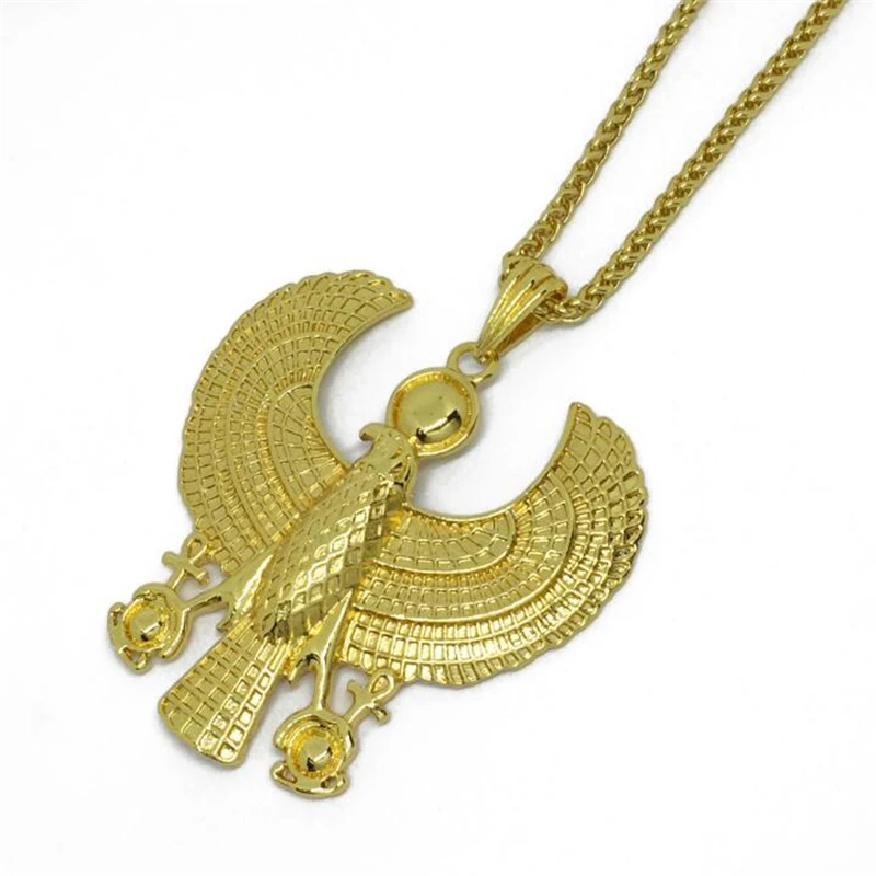 Men Necklaces Egyptian Horus Bird Falcon Holding Ankh Pendant Gold