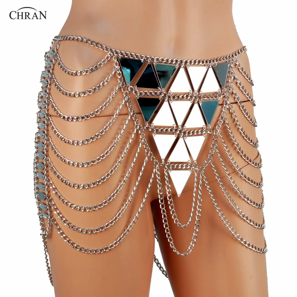 

Chran Mirror Chain Metallic Skirt Lingerie Disco Party Mini Dress Beach Cover Up Chain Necklace Bra Bralette Jewelry CRM282