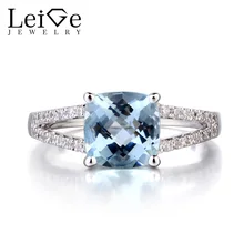 Leige Jewelry Natural Aquamarine 925 Sterling Silver Ring March Birthstone Gemstone Cushion Cut Wedding Rings for Women