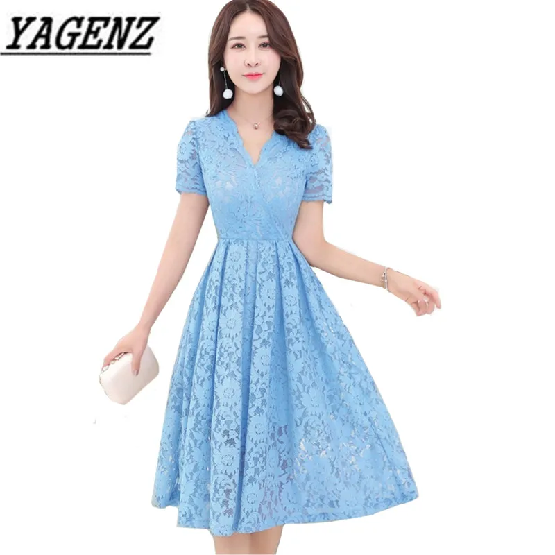 

2019 New Summer Lace Dress Women's clothing Fashion Slim Elegant Short Sleeve A-Line Dress Plus Size V Neck Solid Sexy Dress 3XL