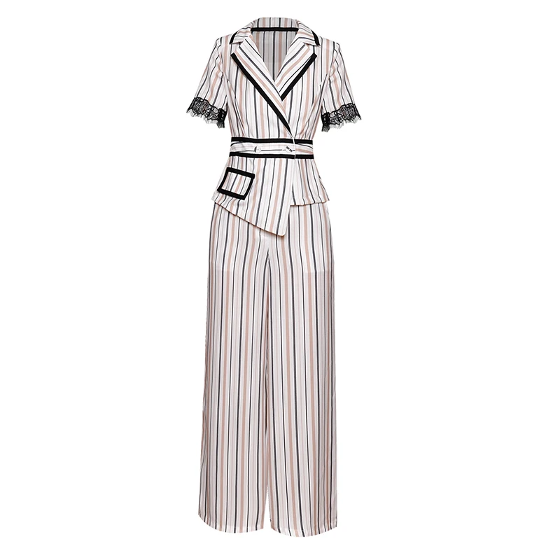 

HIGH QUALITY Newest Fashion 2019 Runway Suit Women's Short Sleeve Striped Asymmetrical Jacket Wide Leg Pants Set