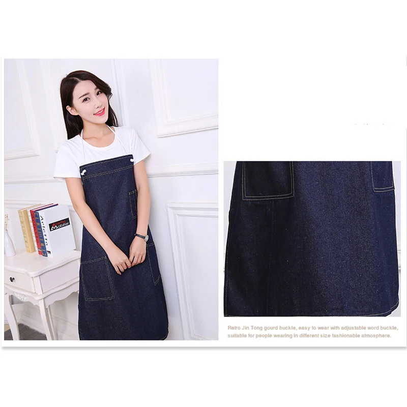 Korean Women Men cotton Denim Apron Hotel Cafe Baking Restaurant Bar Beautician Chef Kitchen Cooking Apron With Pockets