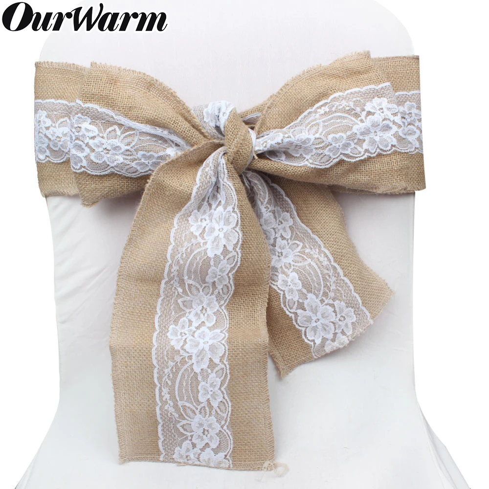 Decoração de Casamento Tampa da Cadeira de Linho Ourwarm Lace Sashes Cadeira Serapilheira Rústico Juta Hessian Natural Tie Bowknot Faça Você Mesmo Aniversário 10 Pcs