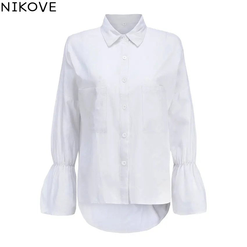

NIKOVE 2019 Autumn Women's Shirt Women's Tops Trumpet Long Sleeve Shirt White Loose Comfortable Tops Size S-XL