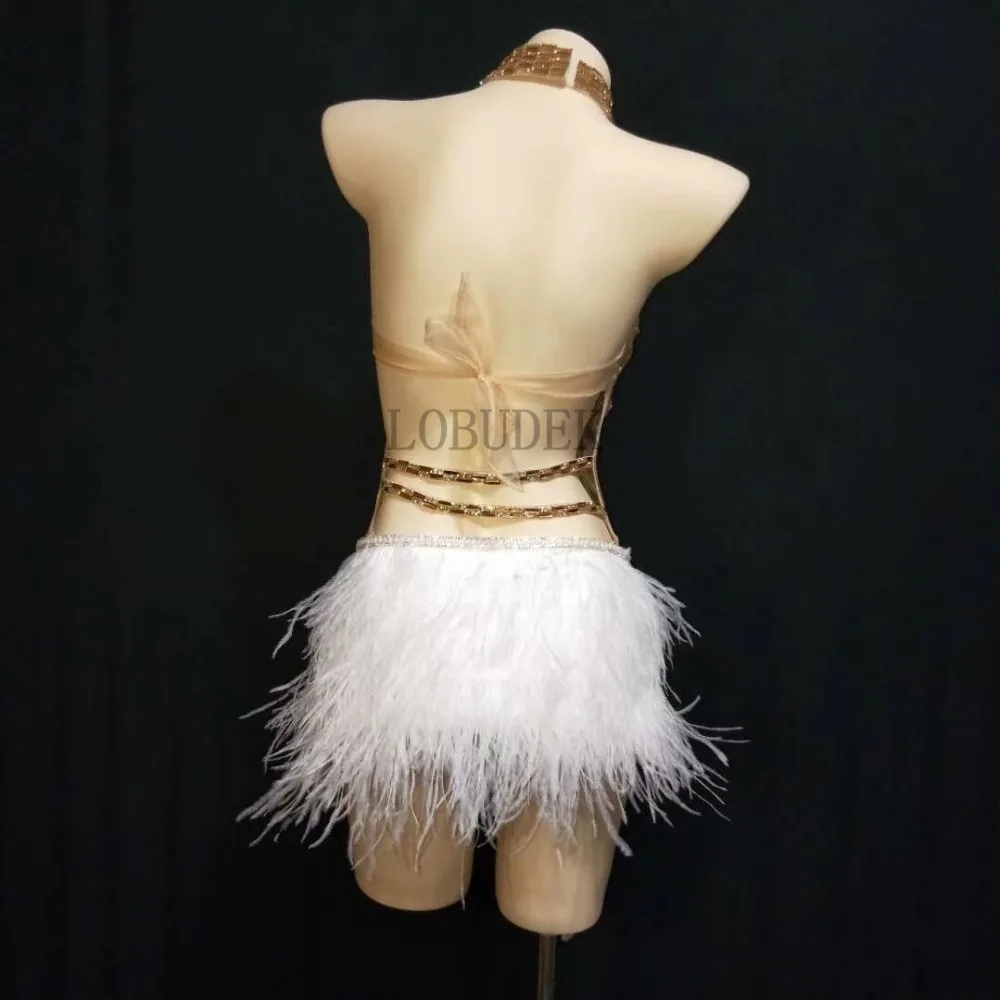 white bodysuit Gold Rhinestones Feathers Mesh See-through Halter Bodysuit Sexy Backless Stage Outfit Nightclub Women DJ Singer Dance Costumes short sleeve bodysuit