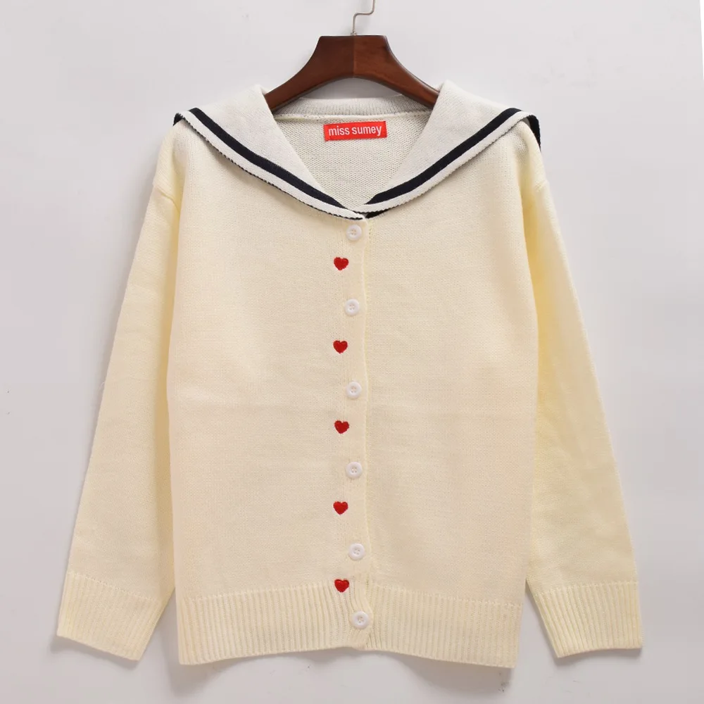 

Girls Autumn Knitted Sailor Collar Cardigan Cute Heart Shape Embroidered Bow Sweater
