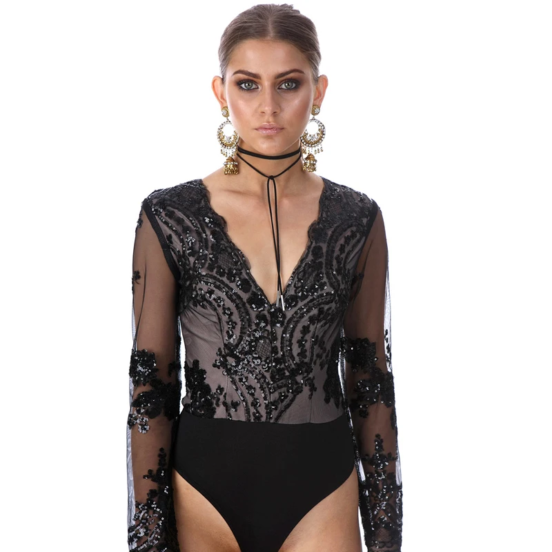 

V-Neck Sexy Bodysuits Women Party Sequined Elegant Jumpsuit Romper Long Sleeve Mesh Overalls Plus Size Women Clthing Jumpsuits