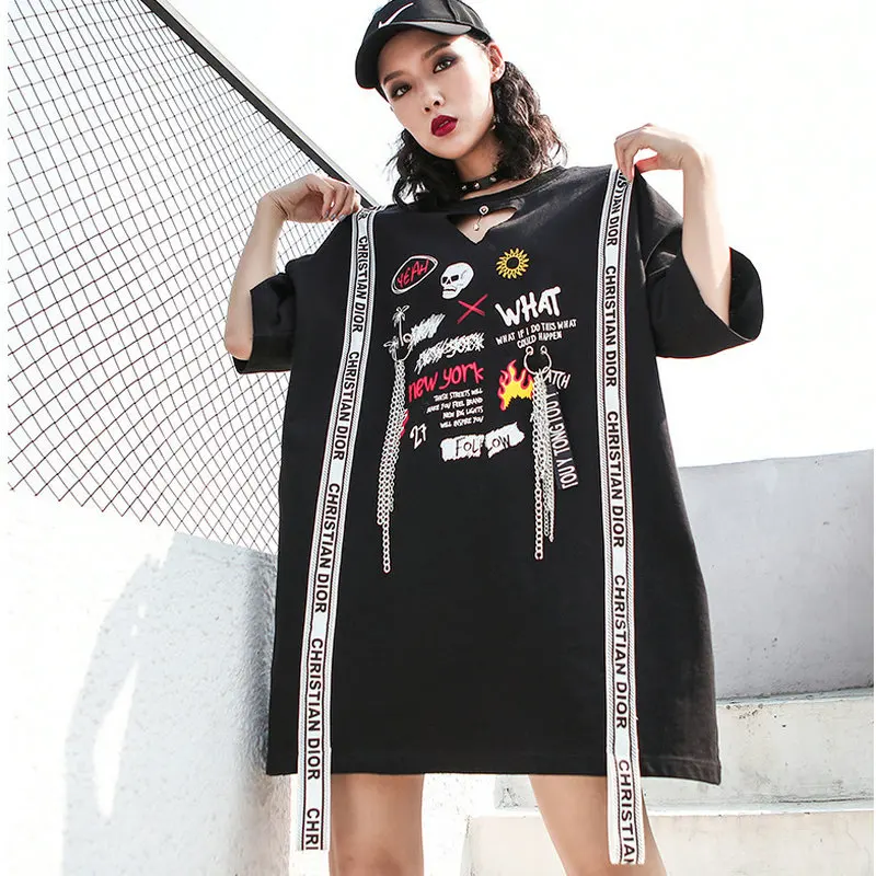 

NEW Letters Print Hop-hip Chain Cool Women Tshirt Dress Neck Broken Hole Distribution Drill Plus Size Tees With Ribbon Top