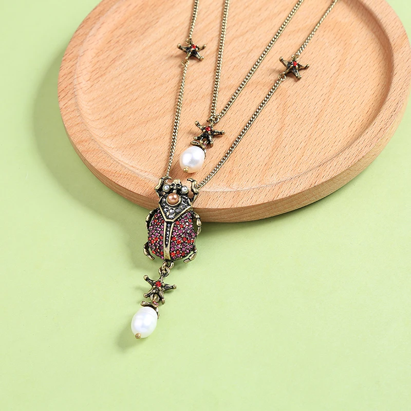 

Charm Retro Gold Color Crystal Pearl Beetle Necklace & Necklaces For Women Long Sweater Chain Fashion Jewelry Accessories In Box