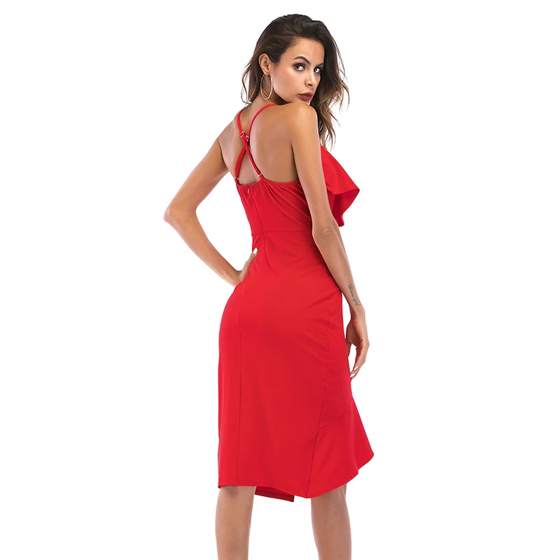 ShejoinSheenjoy Irregular Ruffles V-Neck Summer Dress Autumn Spaghetti Strap Split Backless Sexy Women Midi Dress Clothing (8)