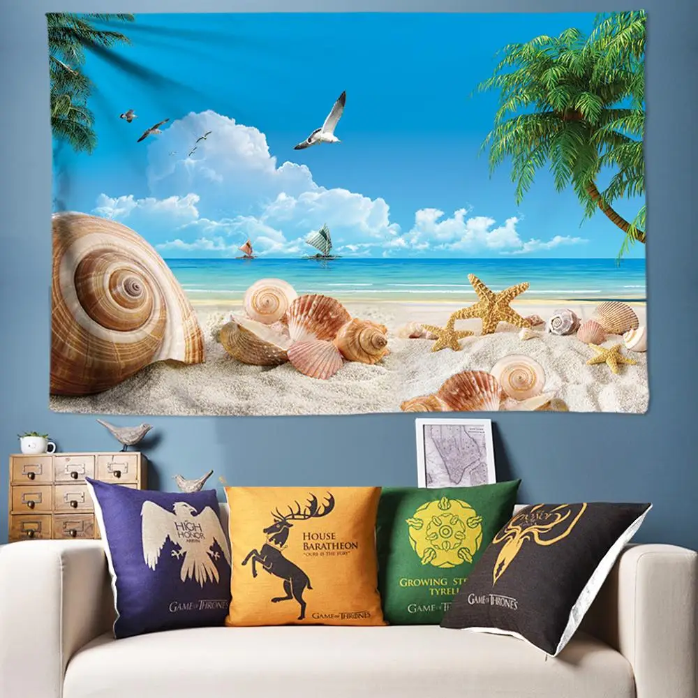 

Boho Psychedelic Tapestry Wall Hanging Hippie Tapestry Blue Sea Conch Starfish Beach Scenery Tenture Tapisserie tapiz pared tela
