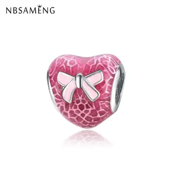 

New Silver Plated Charm Lovely Heart With Bow Enamel Beads Chams Charms Fit Original Bracelets & Bangle Women Diy Jewelry