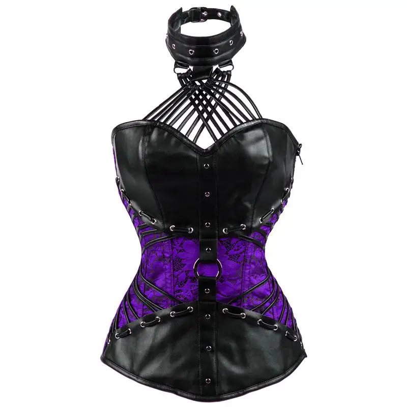 Factory Directly Purple / Black Leather Halter Corset Tops Plus Size