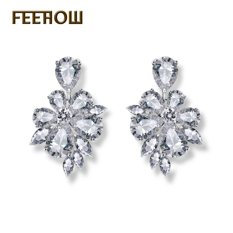 

FEEHOW Gorgeous Flower Dangle Earrings Charms Cubic Zricon Teardrop Jewelry With White For Anniversary FWEP077