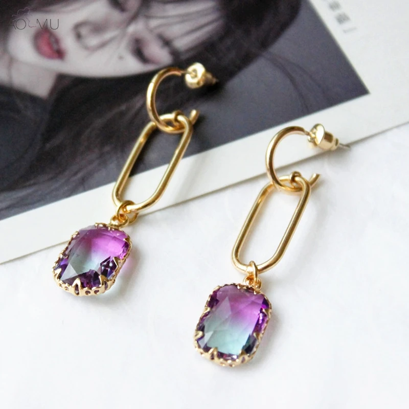 

AOMU Korean S925 Sterling Silver Pin Colorful Crystal Long Metal Dangle Drop Earrings for Women Girl Party Gift Jewelry Bijoux