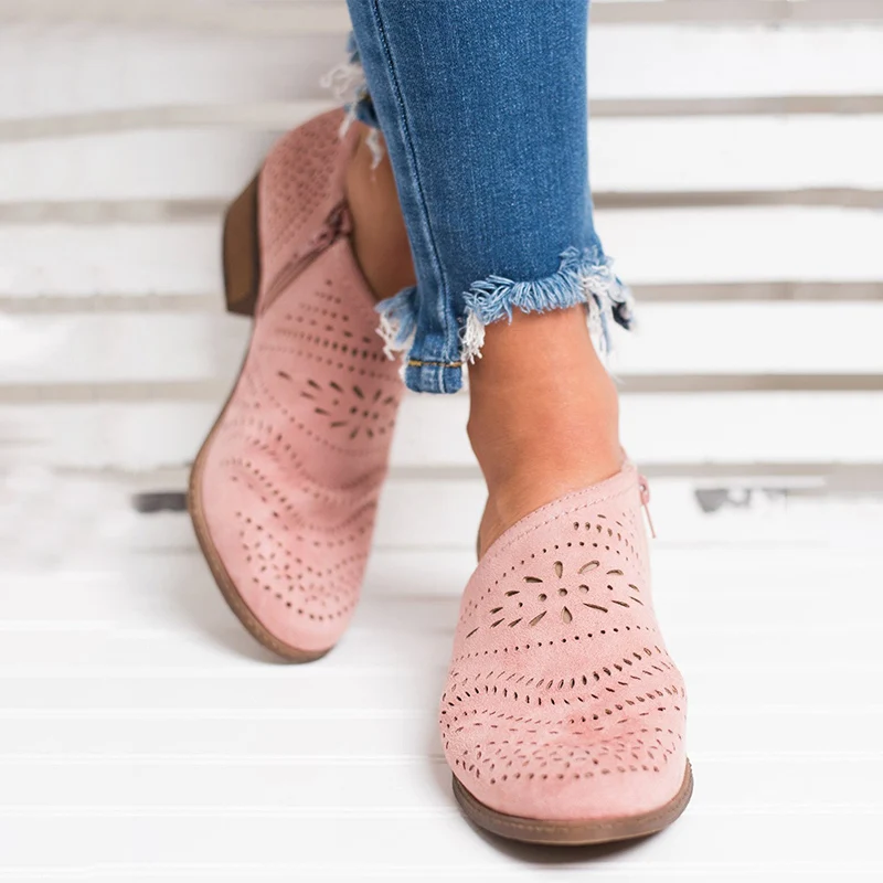 Г. весенние женские туфли-лодочки обувь в богемном стиле с перфорацией дышащая женская обувь из флока на молнии без застежки на низком каблуке, повседневная женская модная обувь - Цвет: Розовый