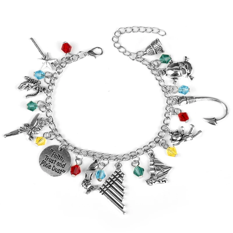 

MQCHUN PETER PAN SILVERTONE METAL CHARM BRACELET FLUTE PIPES ADVENTURE IMAGINATION NEVER GROW OLD