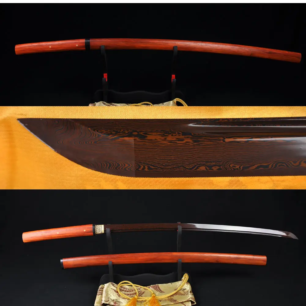 

JAPANESE SAMURAI SWORD NINJA HARD RED WOOD WITH BULL HORN SCABBARD FULL TAND BLACK& RED DAMASCUS FOLDED STEEL BLADE BATTLE READY