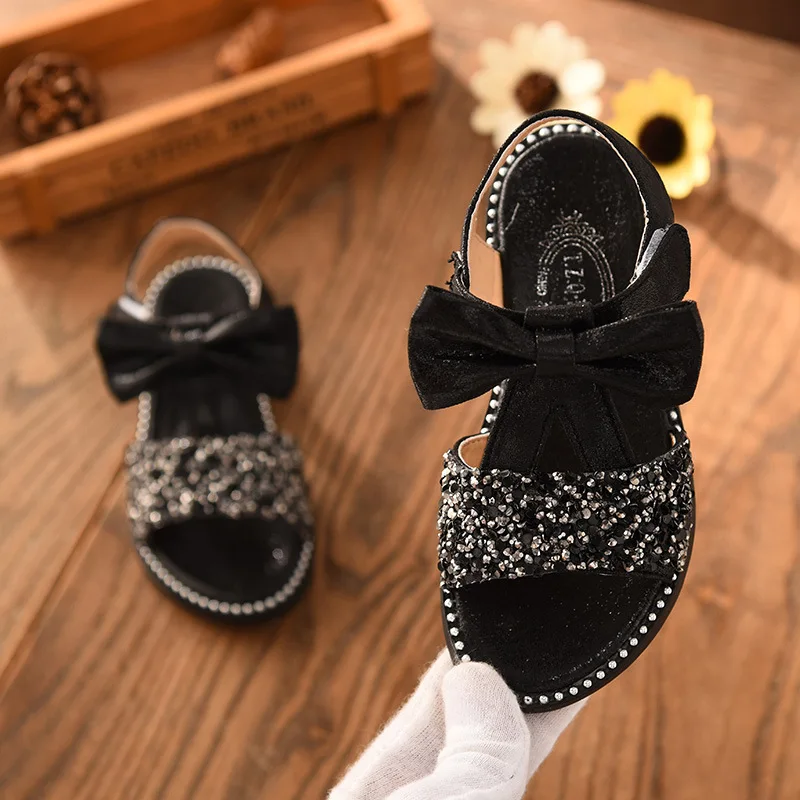 Летние детские сандалии для девочек; Танцевальная обувь принцессы; детская пляжная обувь; блестящие сандалии со стразами с открытым носком на плоской подошве для девочек; 21-36