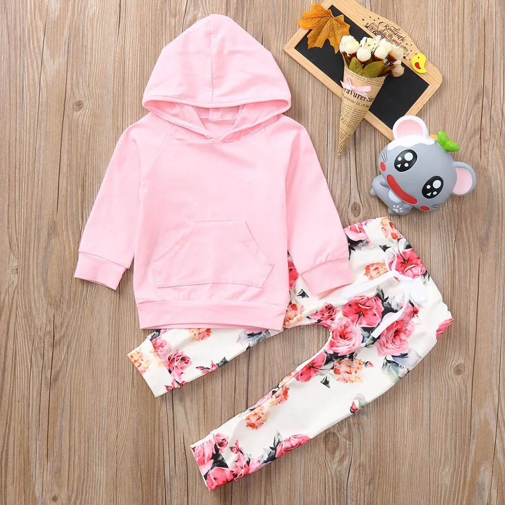 

2019 Kids Baby Winter Clothes Outfits Infant Baby Boys Girls Long Sleeve Hooded Tops Floral Print Pants Outfits Set