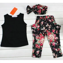 Hot summer baby girls clothes vest t-shirt + flower pants + headband pattern style baby suit for baby kids girls clothing sets