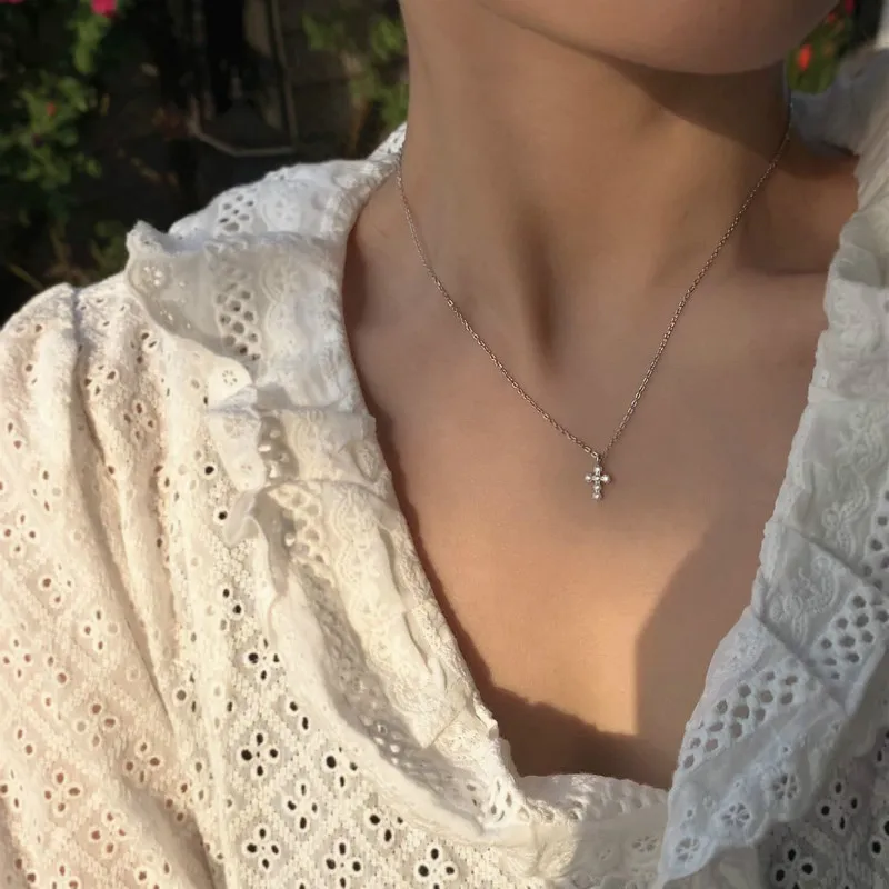 Fengxiaoling New Fashion 925 Sterling Silver Mini Cross Inlaid Zircon Pendant Necklaces For Women Yellow Party Necklace