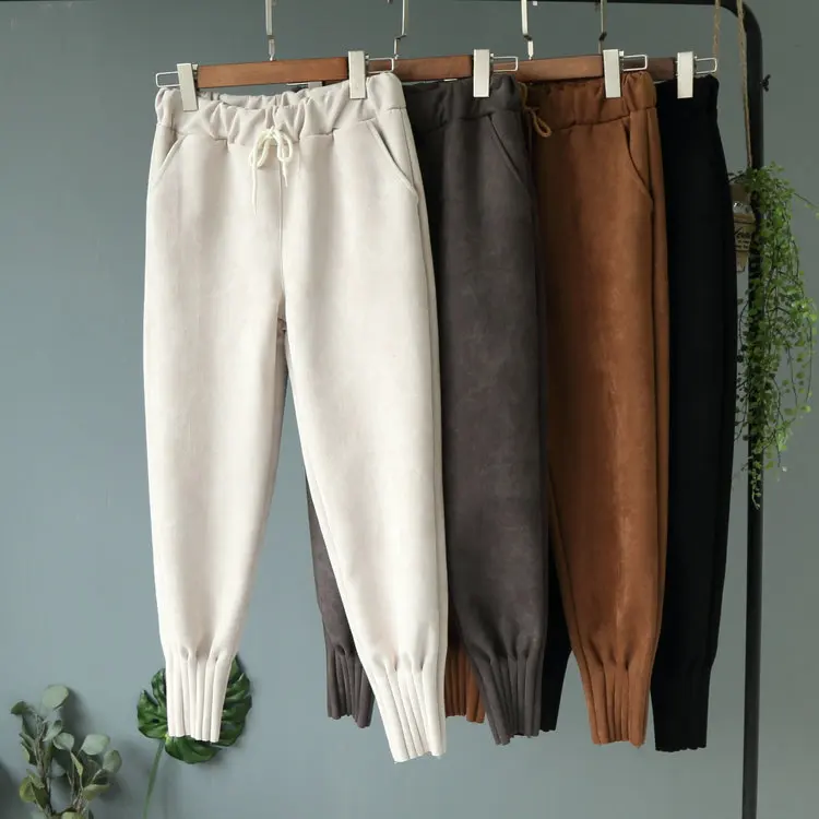 Женские замшевые одноцветные брюки со средней талией, Осень-зима, модные черные брюки-карандаш, повседневные женские штаны-шаровары на завязках WP26