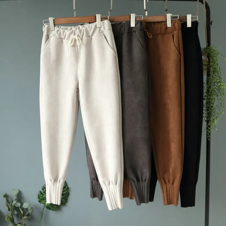 

Women Mid Waist Suede Solid Pants 2018 Autumn Winter Fashion Black Pencil Pants Harem Pants Casual Women Bottom Drawstring WP26