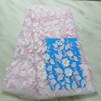 

Hot sale Nigeria African Wedding Dress PINK white Pearls Lace French Embroidery Tulle Fabric Heavy Handmade Beaded Lace Fabric
