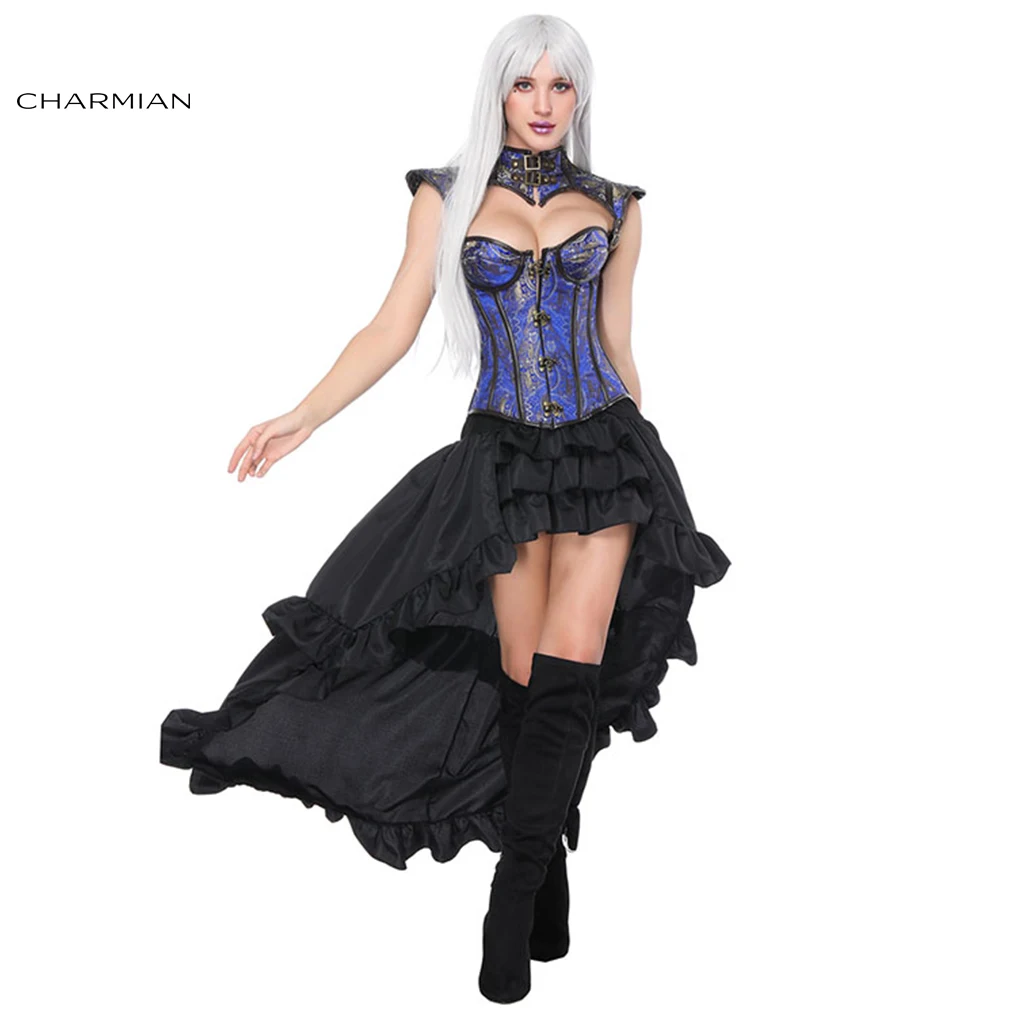 Charmian, Женский Готический стимпанк корсет, высокая-низкая юбка, набор со стальными косточками, корсет, платье, корсеты и бюстье, талия, Cincher - Цвет: Blue